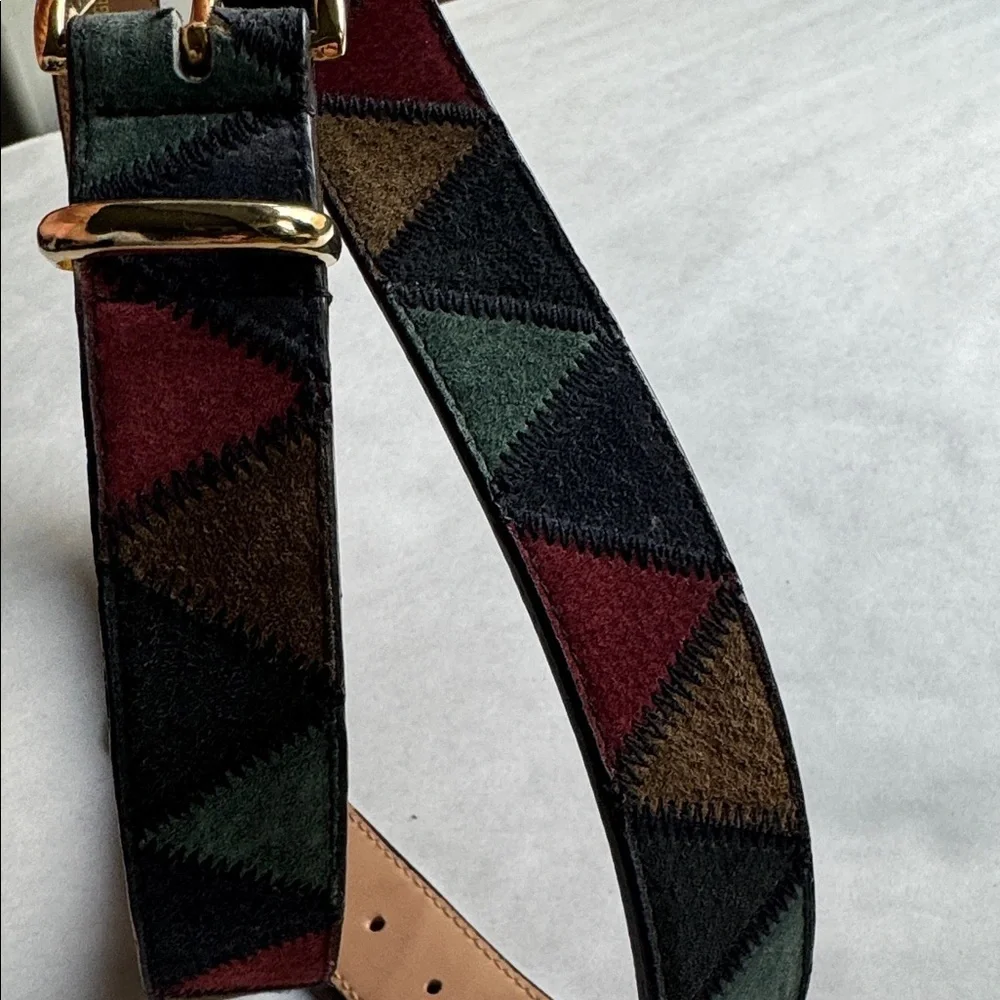 VTG Multi Color Patchwork Genuine Leather Belt Womens 38’ Boho hippie Festival